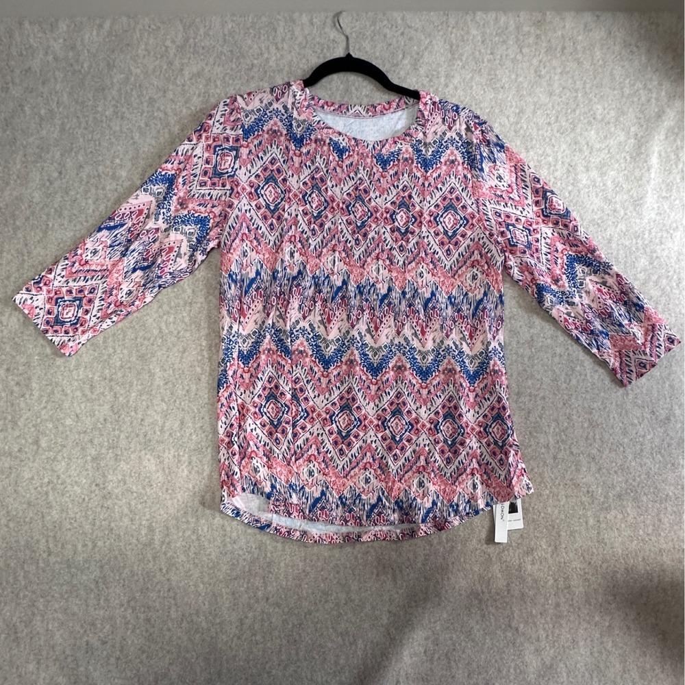 Lomon Womens Pink Blue Geometric Ikat Print 3/4 Sleeve Top Blouse Large NWT